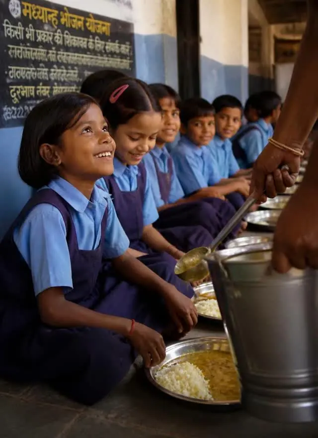 Schoolchildren in India receiving a hot midday meal on steel plates
